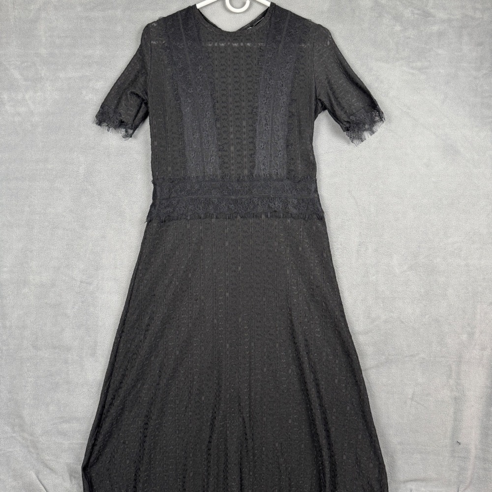 Zara Black Lace Maxi Dress Short Sleeve Eyelash Trim Boho Formal Medium